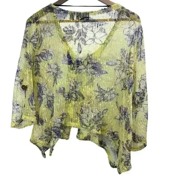Nina Leonard Floral Yellow/Purple Sheer Open Weave Cardigan Wooden Buttons Med - Picture 2 of 4